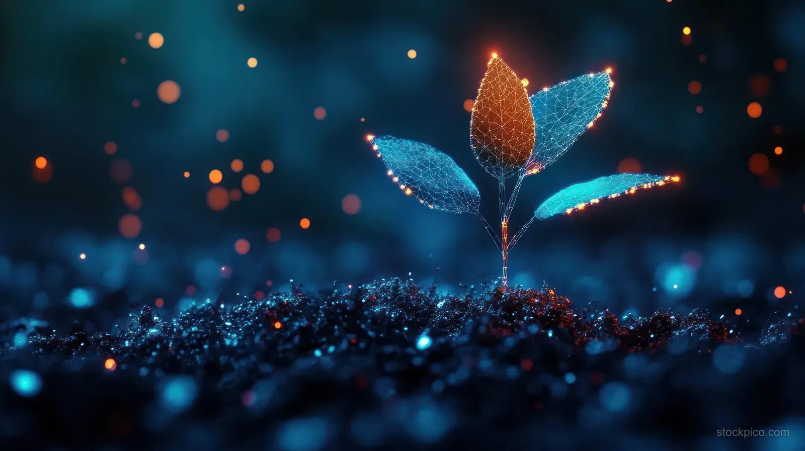 A glowing seedling rises from a dark circuit board as teal and orange particles float around it.