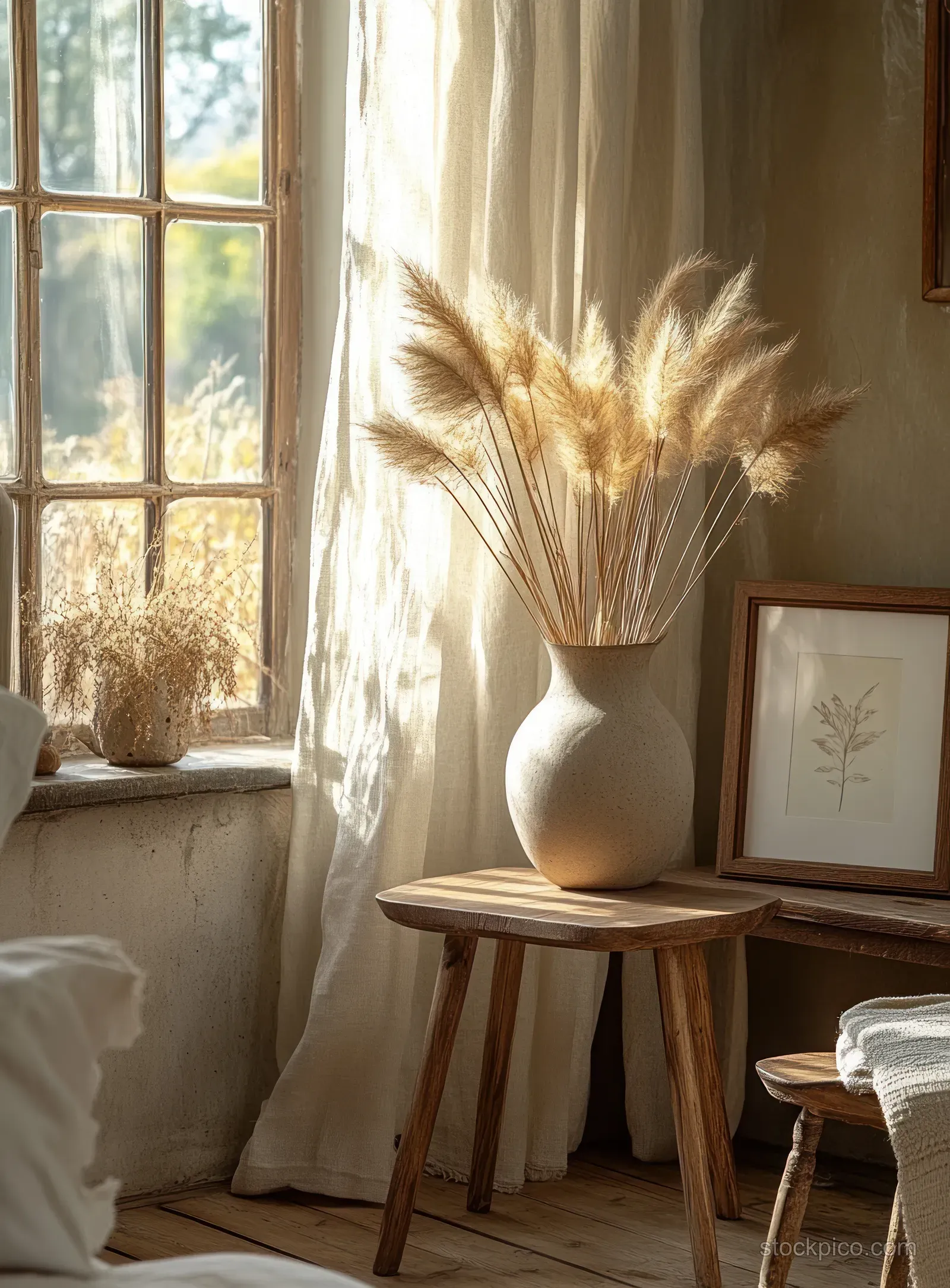 Minimalist side table by a sunny window with a white vase of pampas grass and a framed botanical print.