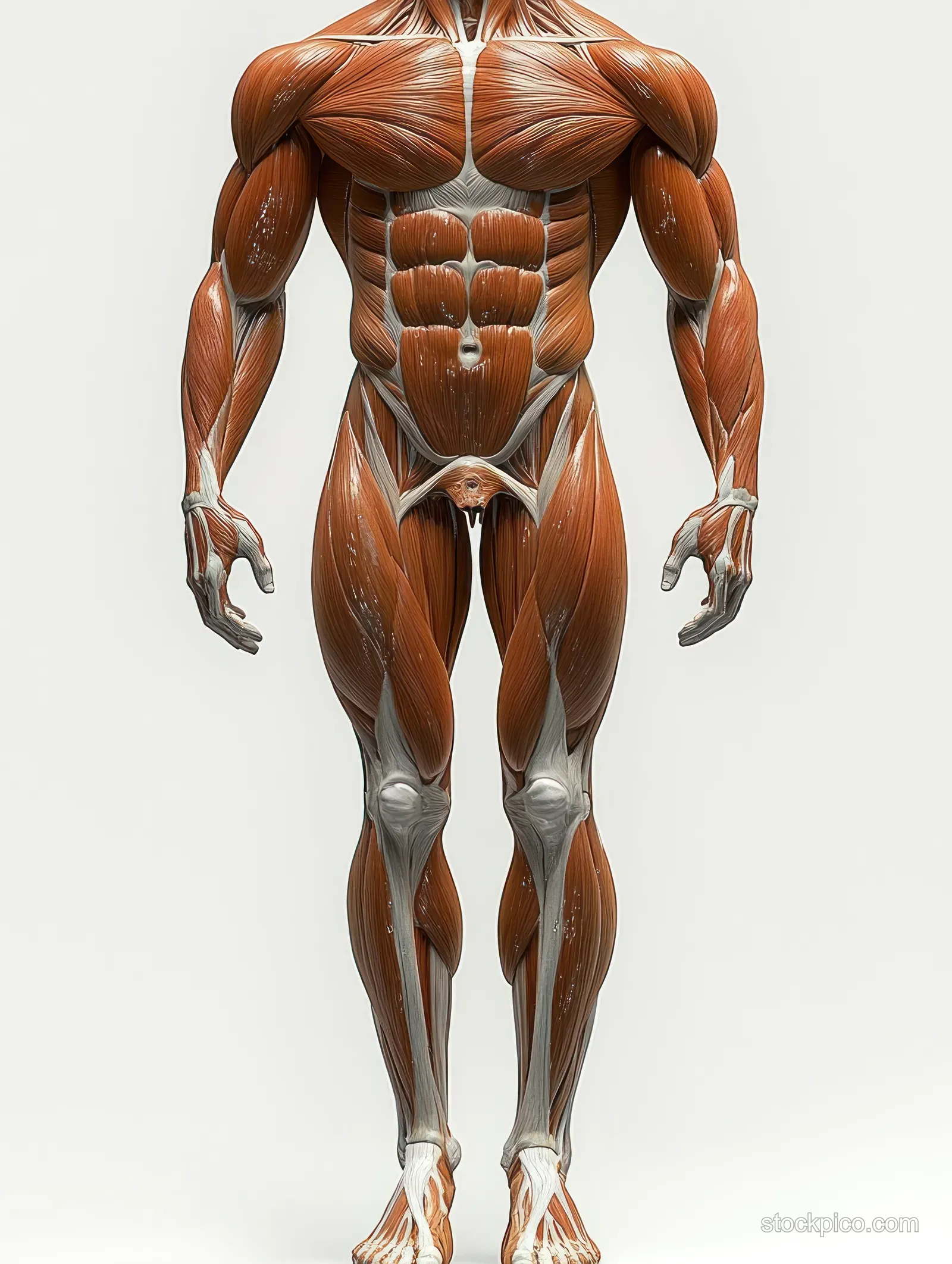 Standing male figure showing detailed leg muscle groups, tendons, knee, ankle, and foot contours on a plain background.
