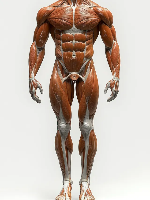 Standing male figure showing detailed leg muscle groups, tendons, knee, ankle, and foot contours on a plain background.