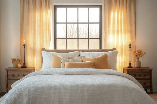 Neatly made white bed centered before a sunlit window with warm wooden nightstands and sheer curtains.