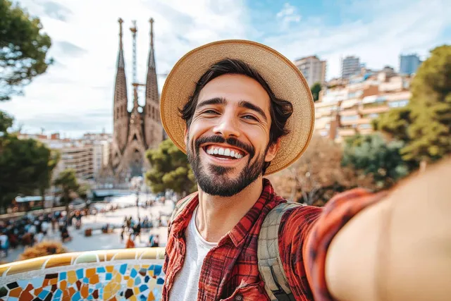 A smiling man in a hat takes a selfie in Park Guell with colorful mosaic patterns behind him and Barcelona landmarks visible.