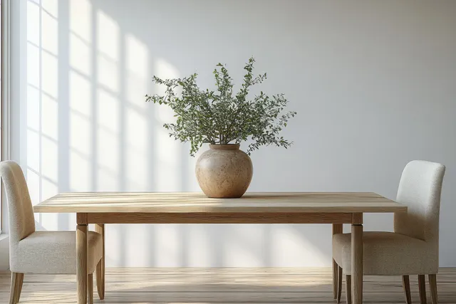 Minimalist dining room featuring a light wooden table with a ceramic vase of greenery and soft daylight from a large window.