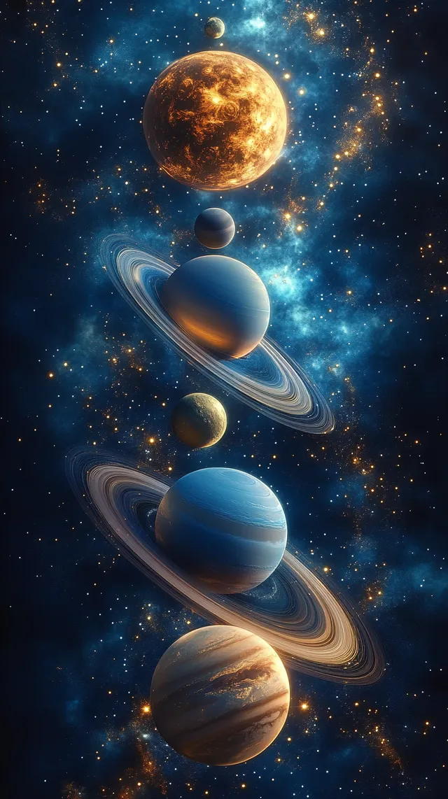 Planets aligned with glowing craters and swirling rings against deep starry space