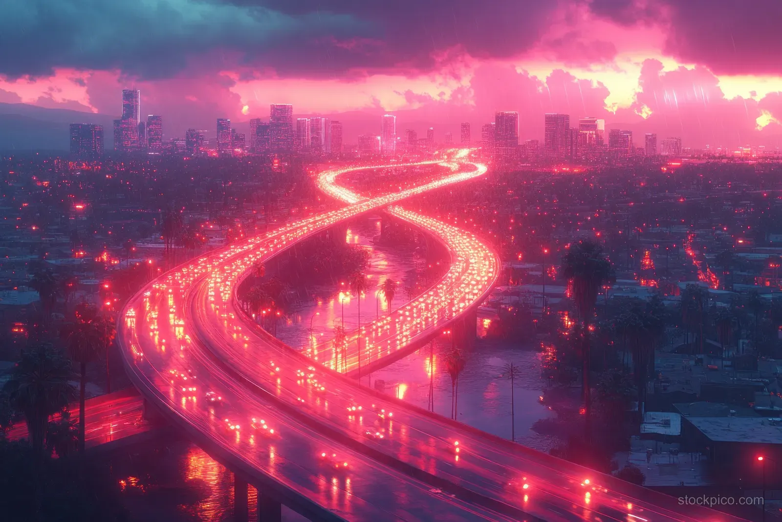 Aerial view of Bangkok at dusk with neon highways curving through a glowing skyline.