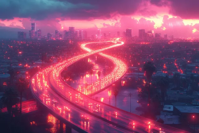 Neon-lit Bangkok skyline with curving highway interchange at dusk, aerial city lights