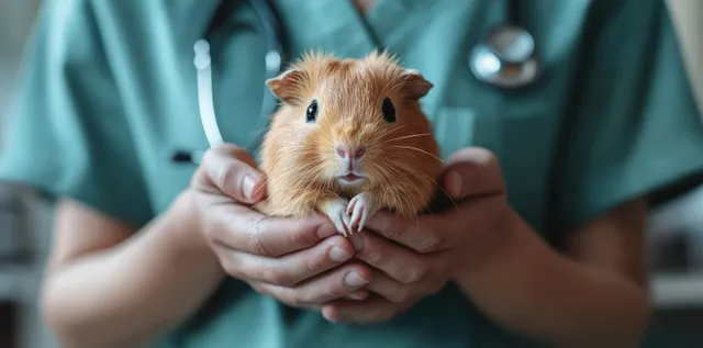 A veterinarian in green scrubs cradles a guinea pig while preparing for a clinic health check.