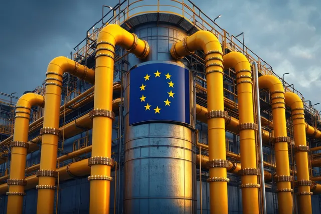 Metallic industrial tank with a bright yellow pipe network and cloudy sky background.
