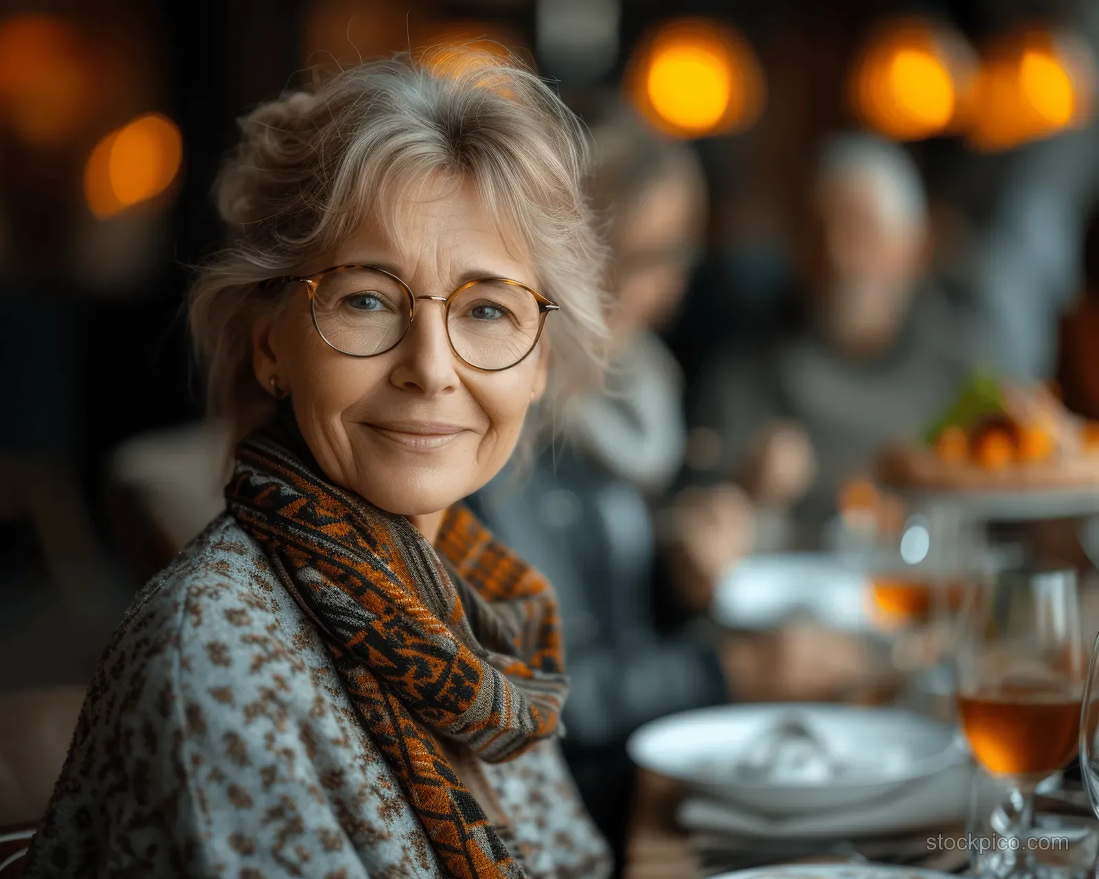 An elderly woman smiles at a festive home dinner table with a blurred family gathering behind her.