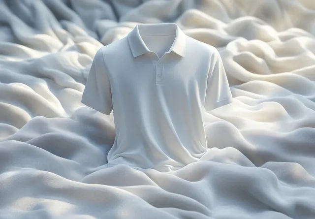 White polo shirt on crumpled gray fabric with dramatic lighting and visible collar folds.