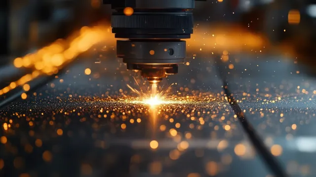 Laser cutting nozzle sparks on metal sheet, glowing beam in industrial workshop