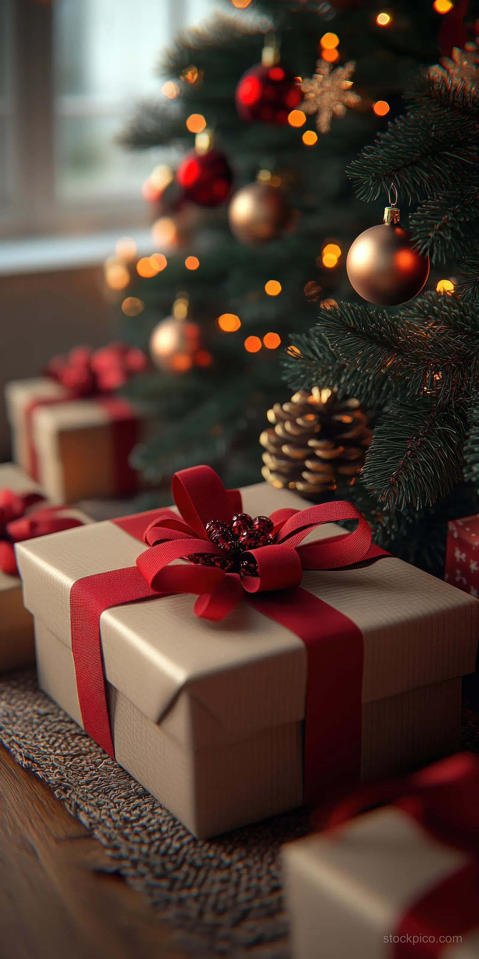 Red ribbon Christmas presents under a decorated tree with glowing ornaments and soft snowy lights.