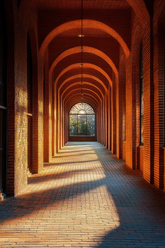 Sunlit brick corridor with repeating arched openings casting long shadows across a tiled floor and leading to an arched window.
