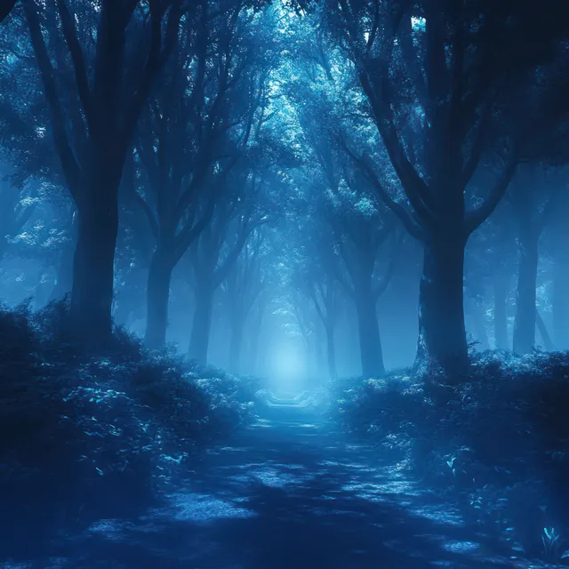 A foggy forest path glows with eerie blue light between dark tree silhouettes.