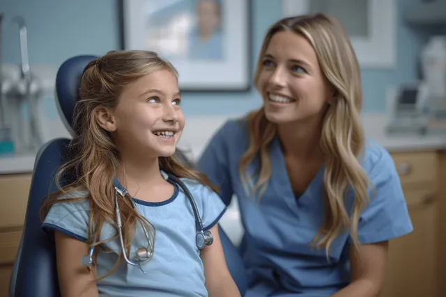 A young girl smiles in a dental clinic chair while a female dentist examines her with medical attention.