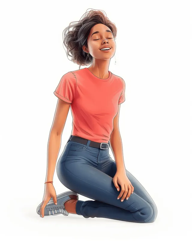 A smiling African American woman kneels in a pink T-shirt and grey pants on a white background.