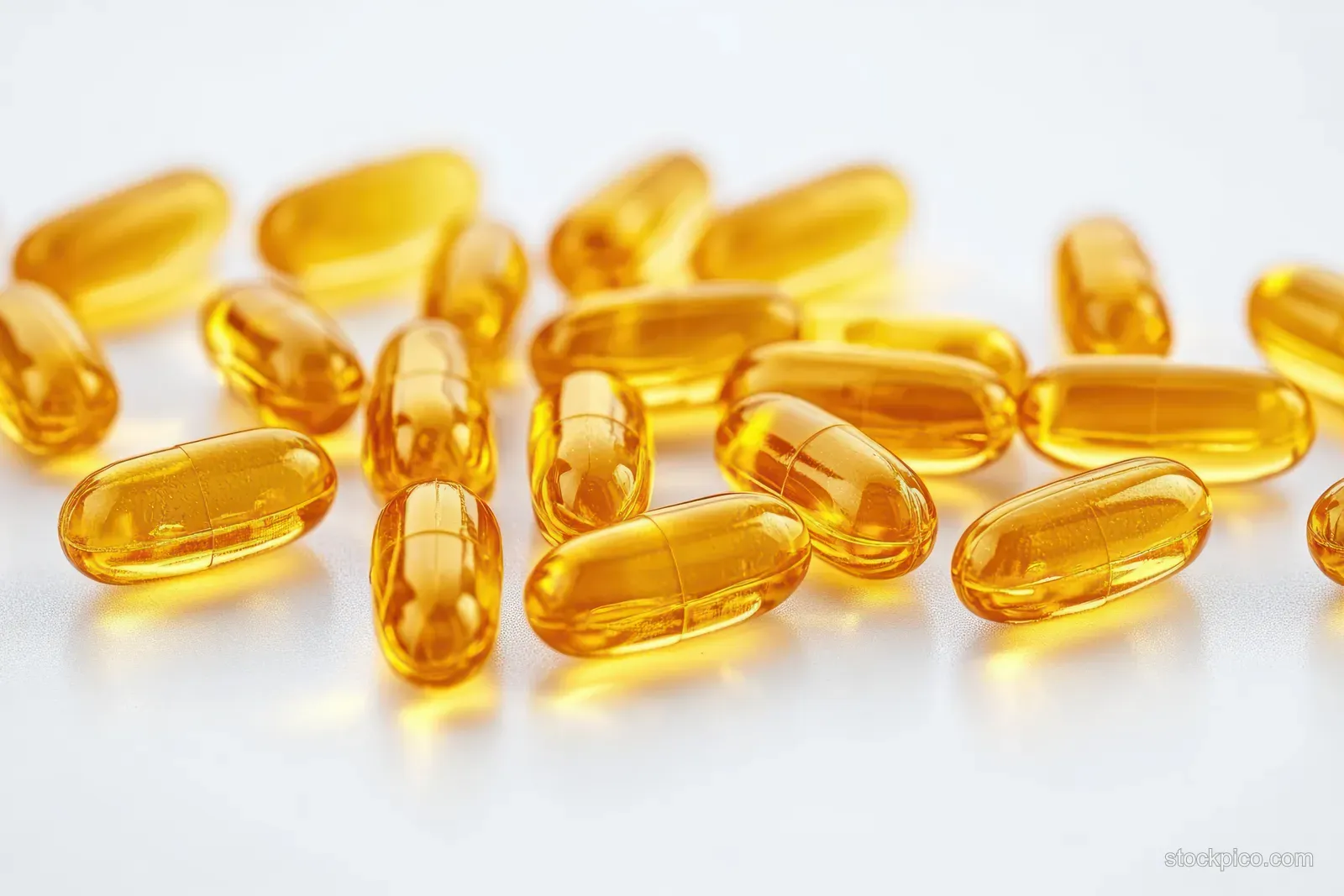 Scattered yellow translucent vitamin supplement capsules on a clean white background with glossy reflections.
