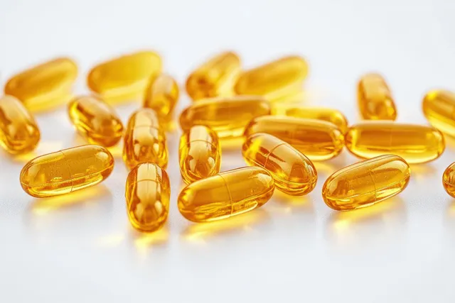 Yellow vitamin supplement capsules scattered on a clean white background with soft reflections