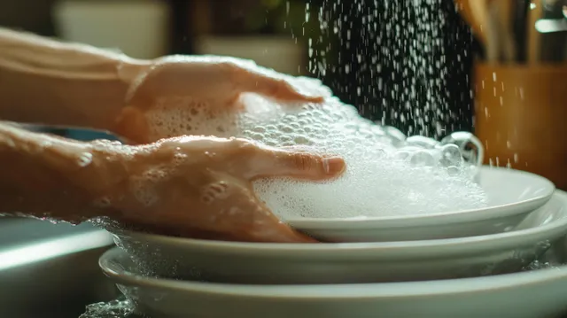 Hands wash a white plate in a kitchen sink with soapy foam and water droplets splashing around it.