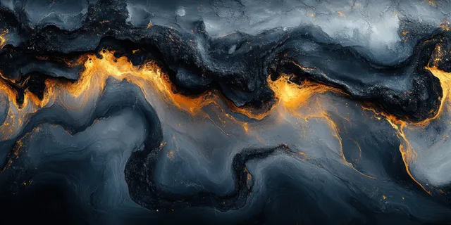 Abstract marble-like swirl background with gray black texture and gold fluid veining