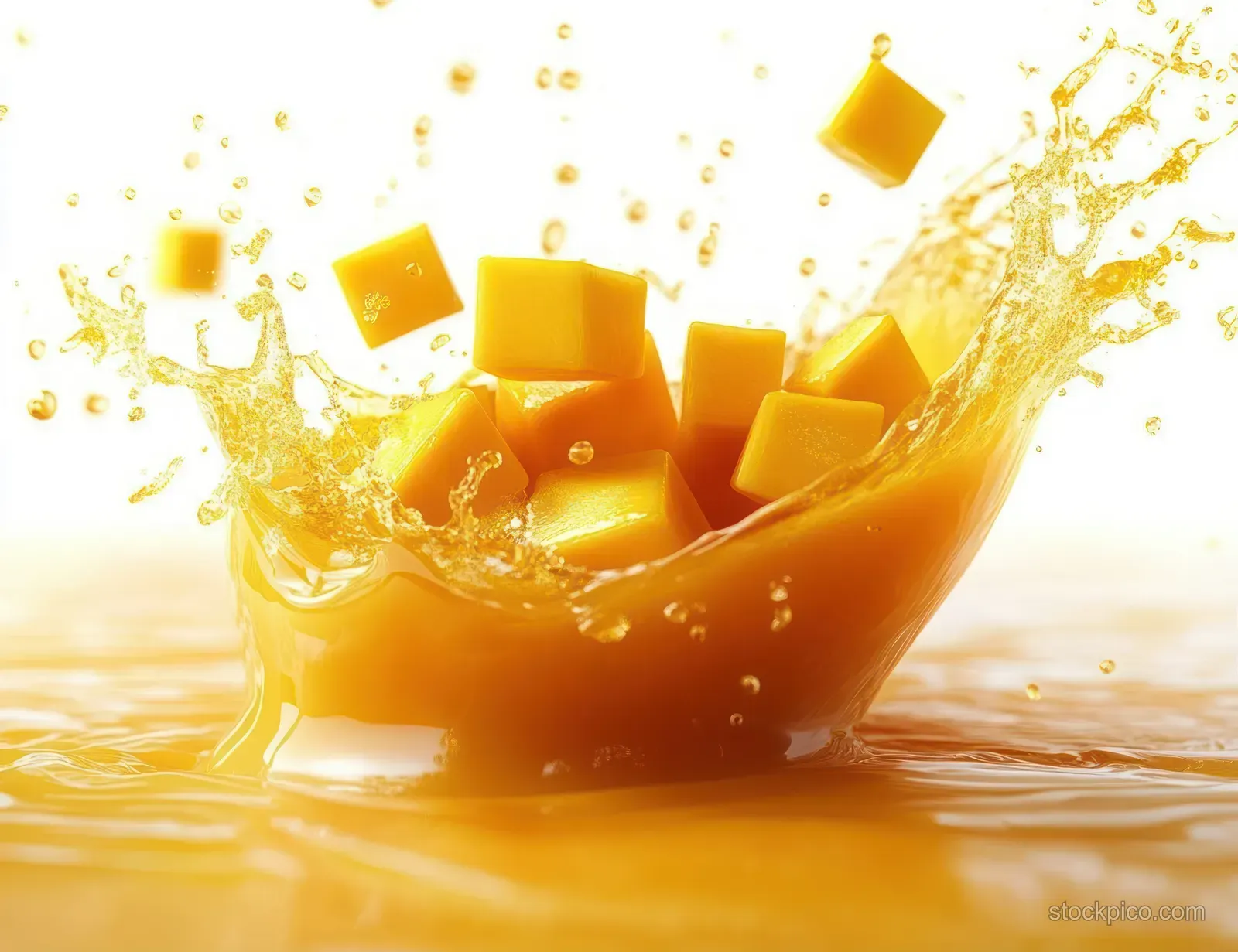 Yellow mango cubes burst into thick orange juice with droplets flying through the splash.