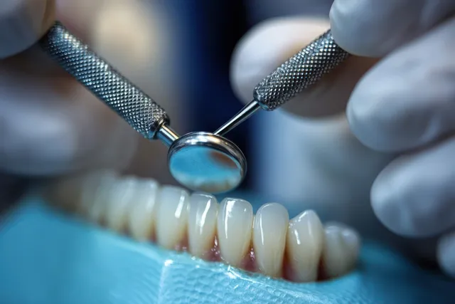 Gloved hands hold a dental mirror and probe over artificial teeth during a close dental inspection in a clinical setting.