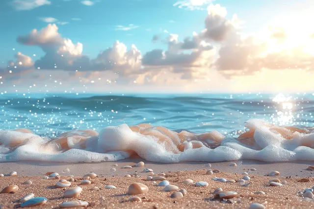 Gentle waves wash seashells onto a sandy beach under fluffy clouds and sparkling sunlight.