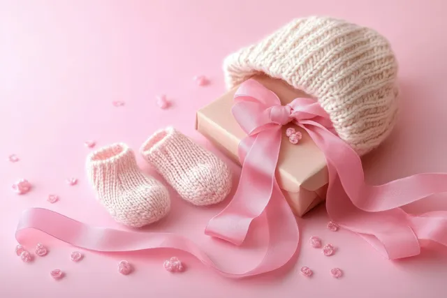 Handknitted baby bonnet and booties resting on gift box with satin ribbon