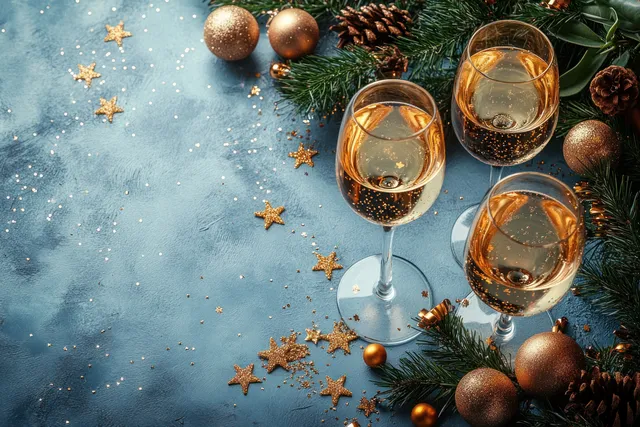Champagne flutes on pastel blue table with gold ornaments and sparkling holiday décor