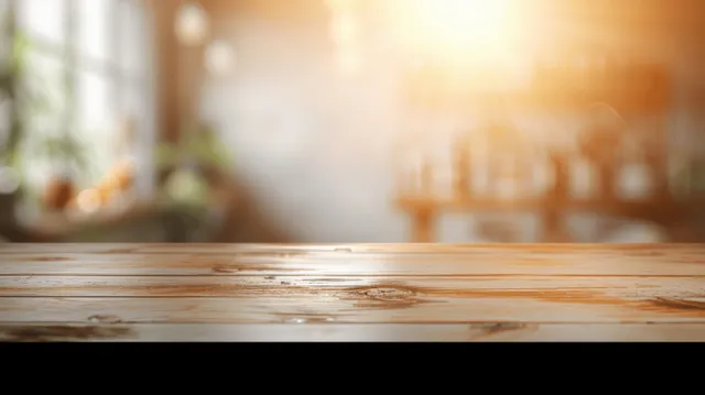 Focused wooden tabletop surface with blurred white and orange bokeh lights in the background.
