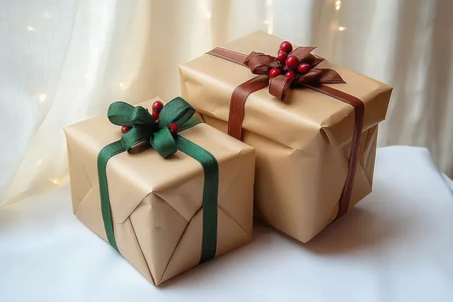 Two brown paper gift boxes with green and brown ribbons and red berry sprigs on white fabric with warm soft light.