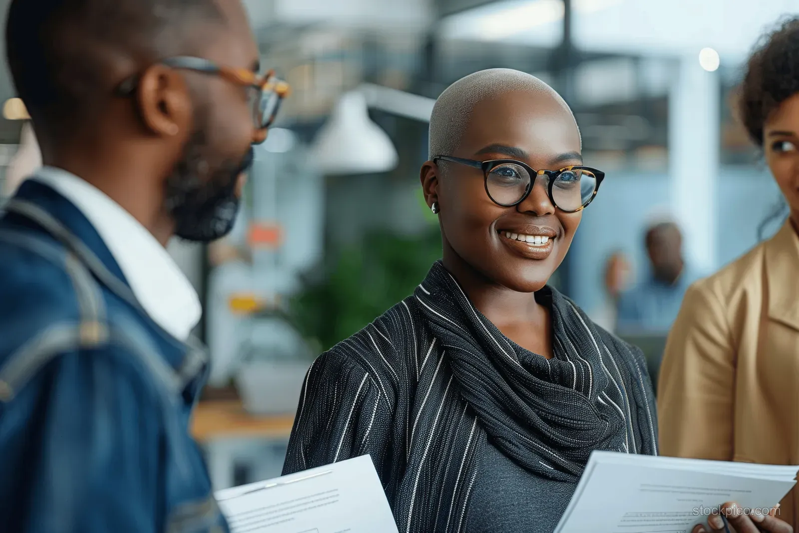 Bald businesswoman in glasses holds papers while talking during a diverse office meeting.