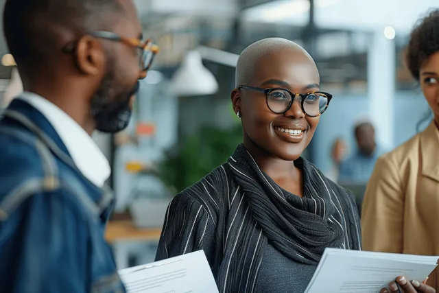 Bald businesswoman in glasses holds papers while talking during a diverse office meeting.