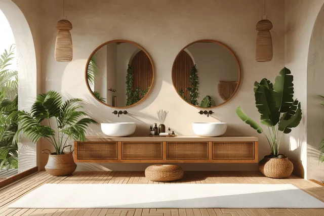 Sunlit bathroom interior with double vessel sinks, arched mirrors, and green plants