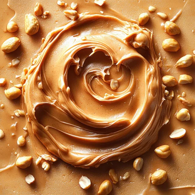 Creamy peanut butter swirl spread on a smooth surface with whole and halved peanuts scattered around.