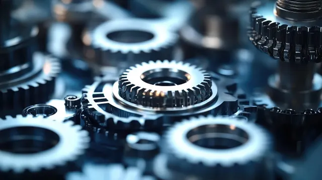 Close-up of interlocking metallic gears in a blurred mechanical assembly with shiny teeth