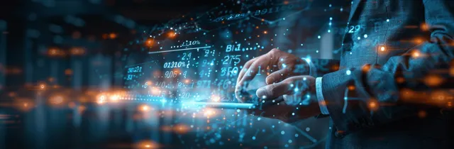 A hand reaching toward a biometric face scan overlay with glowing encrypted data streams around a digital network.