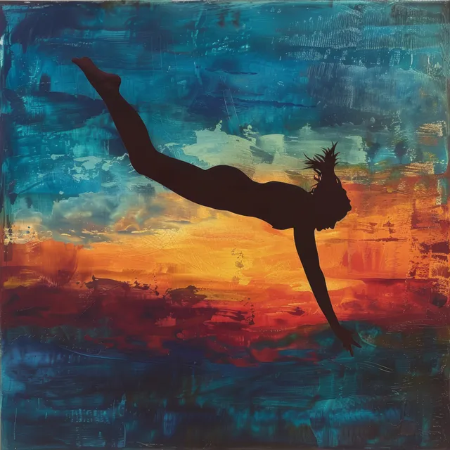 A female diver gracefully leaps midair against a vibrant Canadian sunset sky reflecting on the water below.