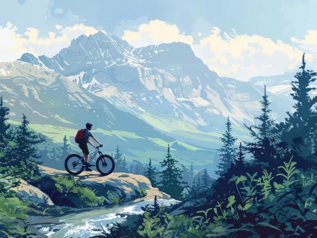 Mountain biker resting on a trail beside a rushing stream with Canadian Rockies backdrop
