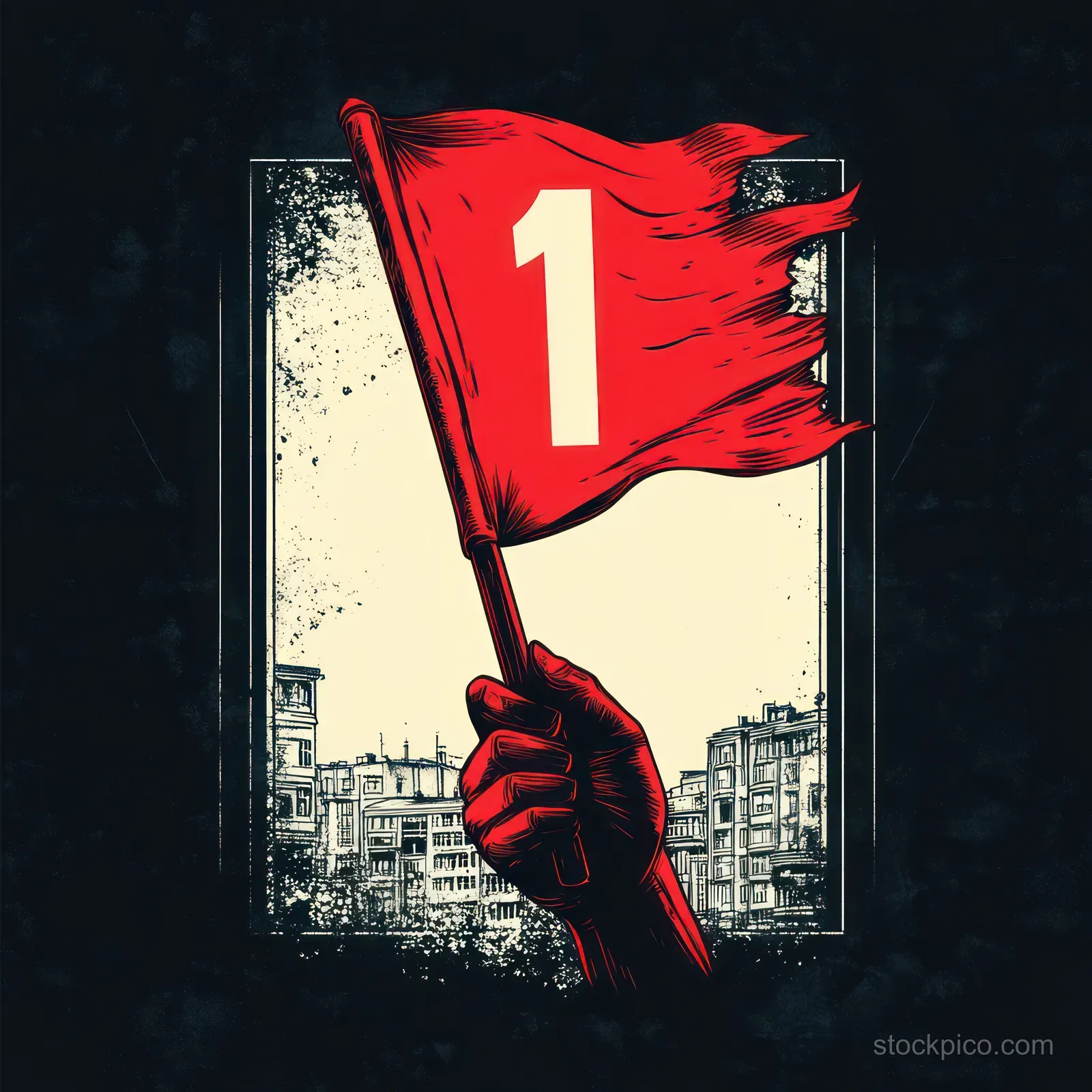 Red gloved hand waves a red number-one flag against a gritty city building backdrop.