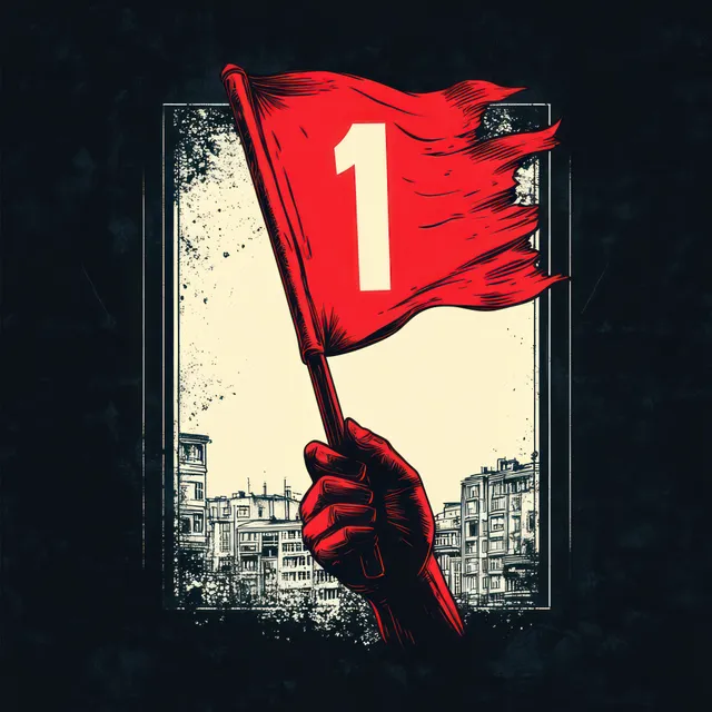 Red gloved hand waves a red number-one flag against a gritty city building backdrop.