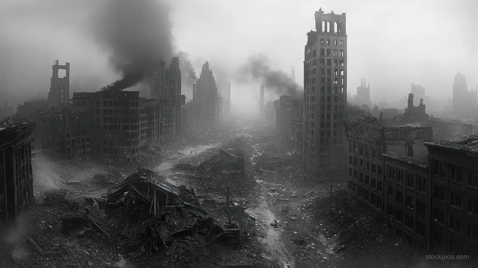 Collapsed city buildings and debris line an empty street as smoke drifts through a gray haze.