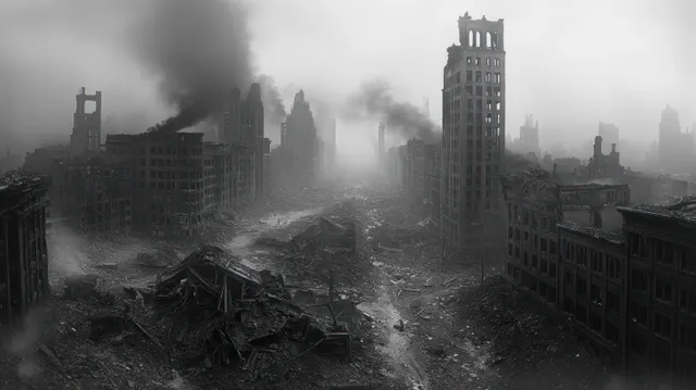 Collapsed city buildings and debris line an empty street as smoke drifts through a gray haze.