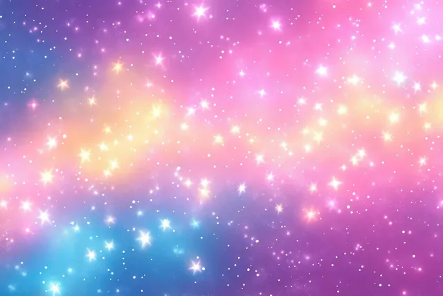 Pastel sky background with glittering stars and soft watercolor clouds blended into glowing bokeh.
