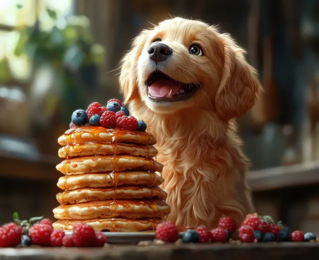 Golden retriever puppy sits next to a tall stack of honeyed pancakes with berries in a bright kitchen.