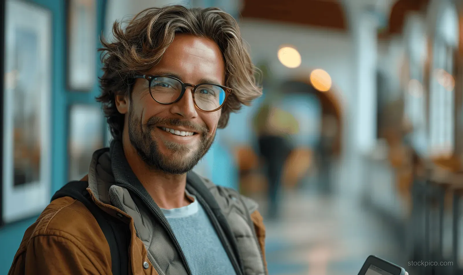 Smiling man with glasses holding a tablet in front of a blue studio background.
