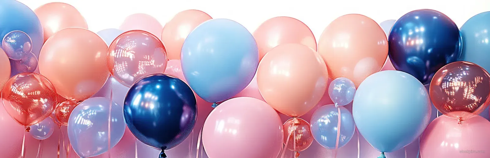 Pastel and metallic balloons in pink, blue, peach, and dark blue clustered together with glossy reflections.