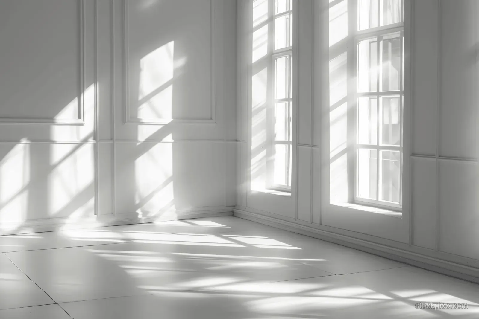 Sunlight through tall windows casts sharp shadows across a white interior wall.