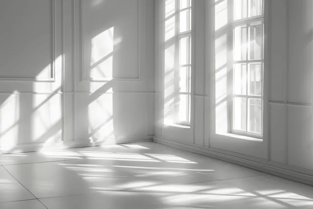 Sunlight through tall windows casts sharp shadows across a white interior wall.