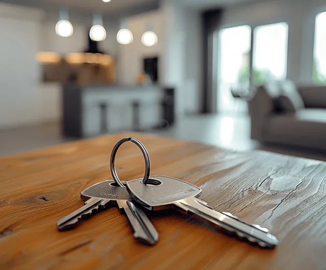 Apartment keys and key fob rest on a wooden table in a bright interior with a blurred living room behind.